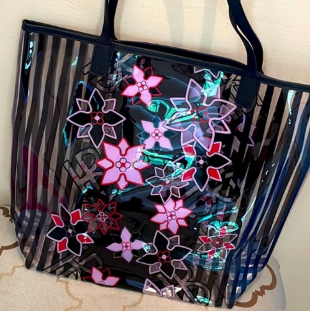 🌸 Henri Bendel Pink Floral PVC Striped/Clear Tote Bag NWOT! - Picture 8 of 11